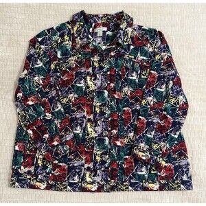 CJ Banks Womens 3X Abstract Multicolor Button Up Blouse Long Sleeve Plus